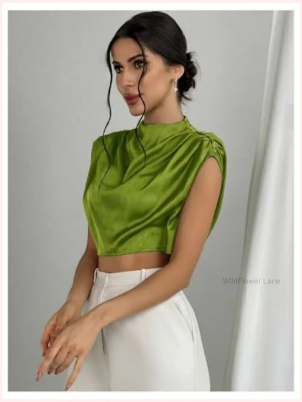 Satin Crop Top Mock Neck Blouse Ruched Cap Sleeve Dressy Work Shirt - Picture 3 of 7